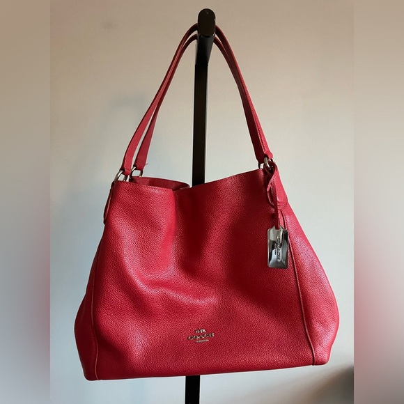 COACH Edie Refined Pebble Leather Lux Jasper Red Shoulder Bag - Picture 3 of 16